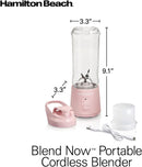 Hamilton Beach Mini Cordless Portable Personal Blender for Shakes and Smoothies, USB Rechargeable, 16 oz. Jar with Leakproof Travel Lid, 6 Stainless Steel Blades, Pink (51181)
