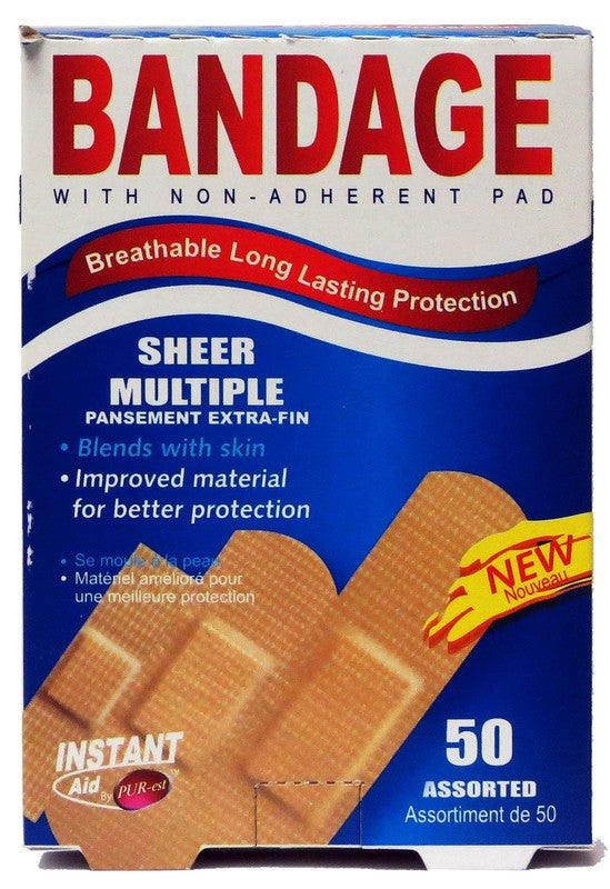 INSTANT AID 50pc SHEER MULTIPLE BANDAGES ASS 76X19mm 10pcs 56x19mm 10pcs 40x10mm 30pcs ..