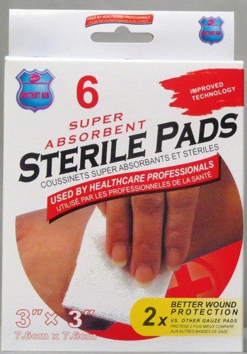 INSTANT AID 6pc STERILE PADS (GAUZE PADS)SUPER ABSORBENT 3in x3in