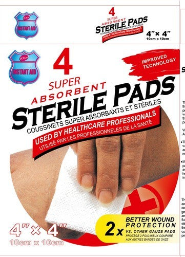 INSTANT AID 4pc STERILE PADS (GAUZE PADS)SUPER ABSORBENT 4in x4in