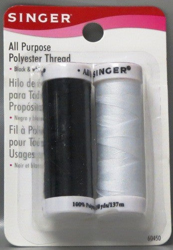SINGER 2 ALL PURPOSE POLYESTER THREAD SPOOLS - BLACK & WHITE - 150 YDS EACH - 100% POLYESTER