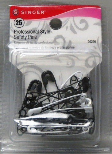 SINGER 25 ASSORTED PROFESSIONAL STYLE BLACK AND WHITE COATED SAFETY PINS - SIZES 1, 1-1/16" - 2, 1-1/2" - COLOR PLATED METAL X 3-INNER X 3