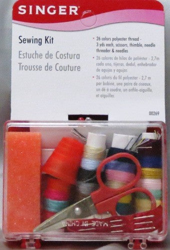 SINGER SEWING KIT IN STORAGE BOX - 34 PCS - INCLUDES MINI SCISSORS, THIMBLE, PIN CUSHION, 3 NEEDLES, NEEDLE THREADER, 26 ASSORTED COLORS THREAD (3 YDS