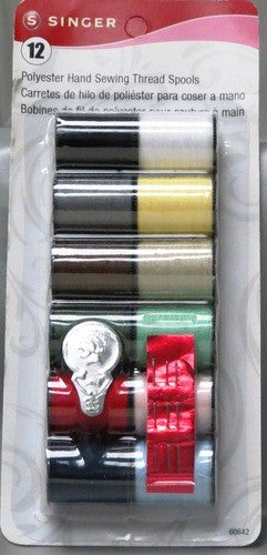 SINGER 12 POLYESTER HAND SEWING THREAD SPOOLS, ASSORTED COLORS - 25 YDS EACH - WITH 3 NEEDLES & NEEDLE THREADER....