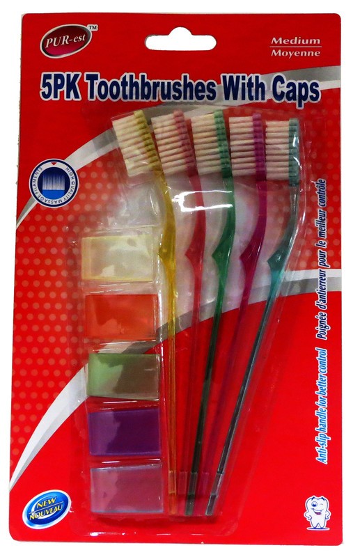 PUR-EST ADULT TOOTHBRUSH W/CAP NORMAL BRISTLE TRANSPARENT MEDIUM 5PK