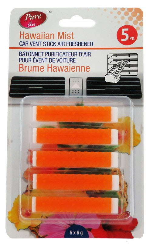PURE AIR CAR VENT STICK FRESHENER HAWAIIAN MIST 5 PK 6 G
