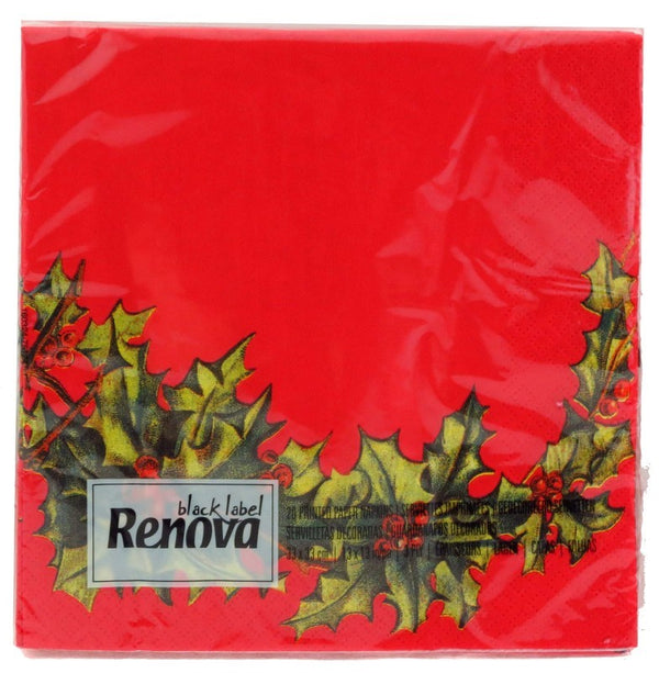 RENOVA LUNCH NAPKINS BLACK LABEL XMAS HOLLY RED