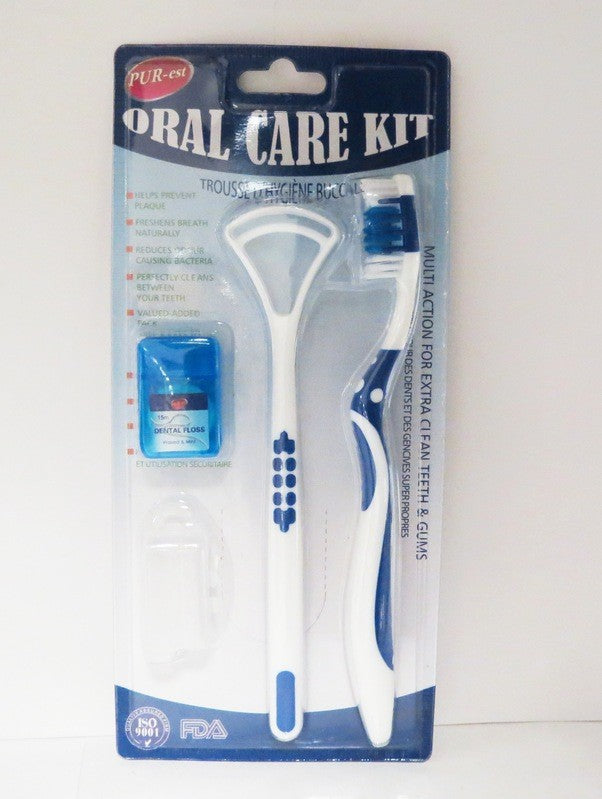 PUREST ORAL CARE TRAVEL KIT 1 TOOTHBRSH 1 TONGUE CLNR 15M DENTAL FLSS 1 TOOTHBRSH CAP