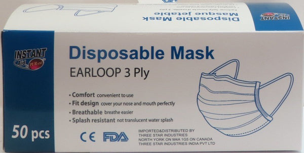 INSTANT AID DISPOSABLE 3PLY FACE MASK 50PK WITH POLYBAG IN BOX