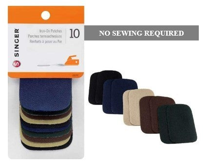 10 IRON-ON ASSORTED DARK PATCHES - 2" X 3" – ASSORTED COLORS: 2 EACH NAVY, GREEN, BROWN, KHAKI, BLACK –80% POLYESTER/20% COTTON