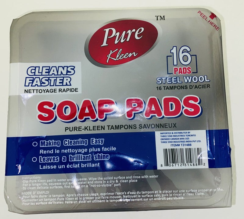 PURE KLEEN STEEL WOOL SOAP PADS PLASTIC BOX 16 PADS