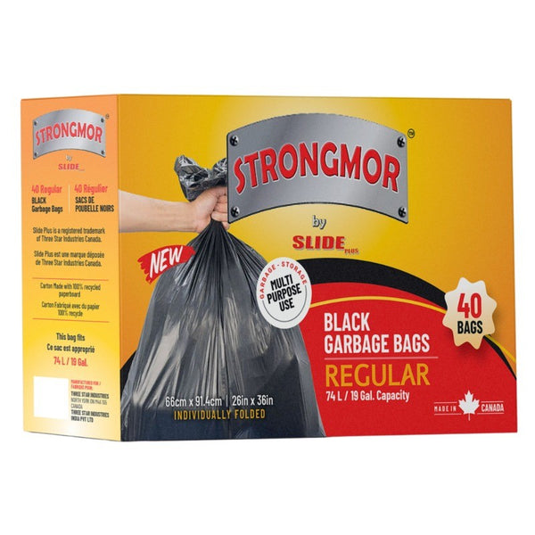 SLIDE PLUS STRONGMOR GARBAGE BAGS SINGLE FOLDED BLACK 26X36 40PK