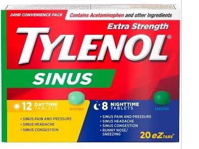 TYLENOL EXTRA STRENGTH SINUS 24HR CONVENIENCE PACK 12 DAYTIME TABLETS + 8 NIGHTTIME TABLETS