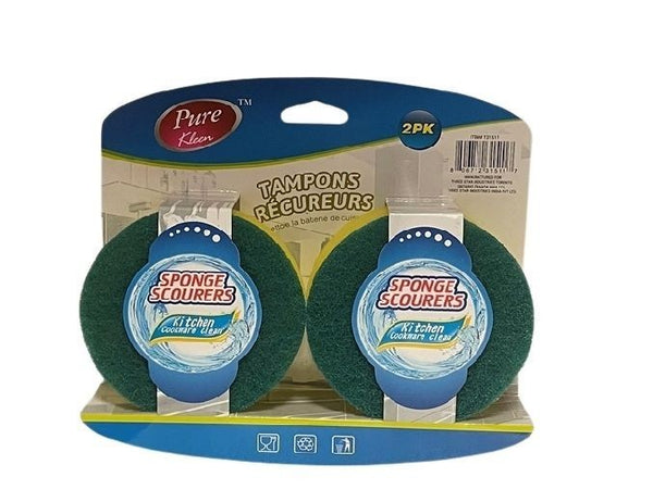 PURE KLEEN 2PK ROUND POLYSTER SPONGE SCOURER CLEANING PAD /CARD