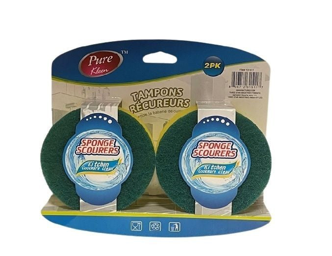 PURE KLEEN 2PK ROUND POLYSTER SPONGE SCOURER CLEANING PAD /CARD