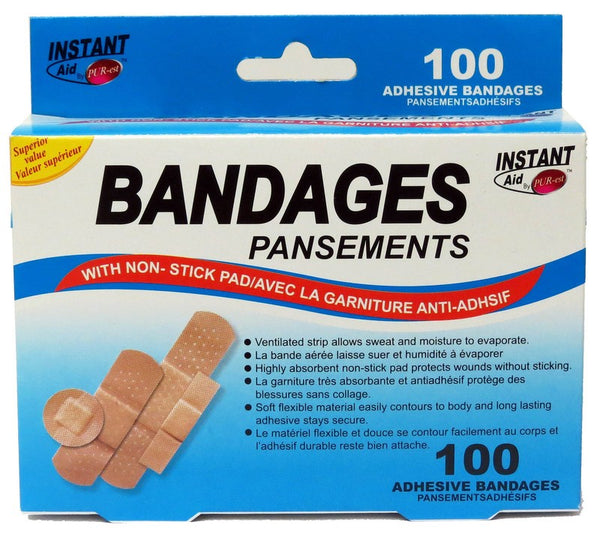 INSTANT AID 100pcs ADHESIVE BANDAGES ASSORTED 76x19mm 20pcs 56x19mm20pcs 40x10mm 50pcs 22mm 10pcs X 24..