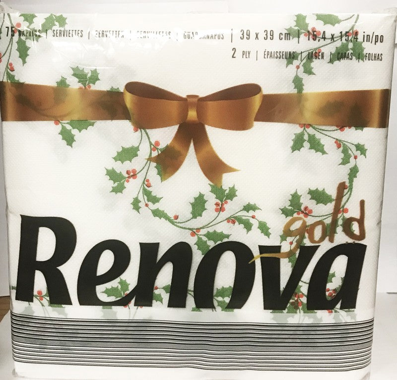 RENOVA DINNER NAPKINS CHRISMAS GOLD WHITE 75 COUNT X 18