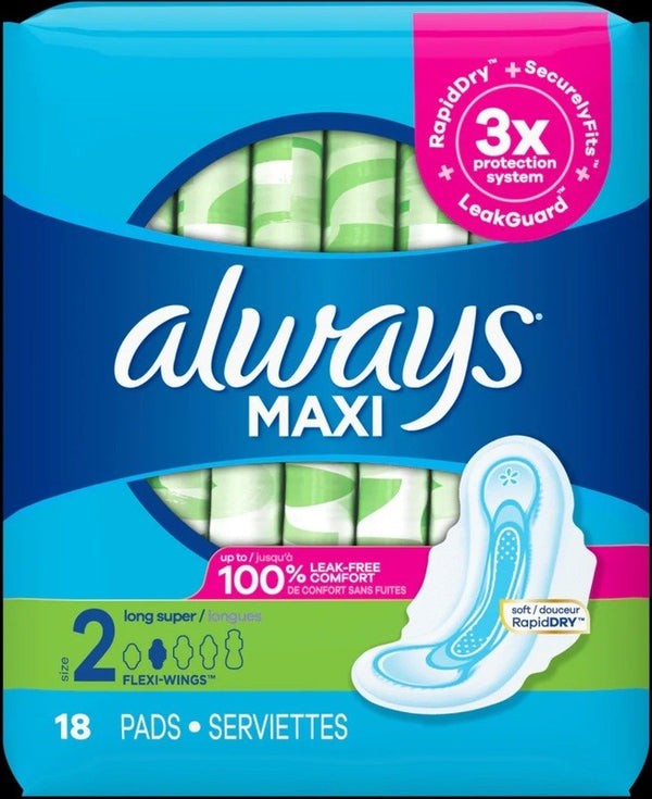 Always Maxi Size 2 Long Super With Flexi Wings Pads 18ct