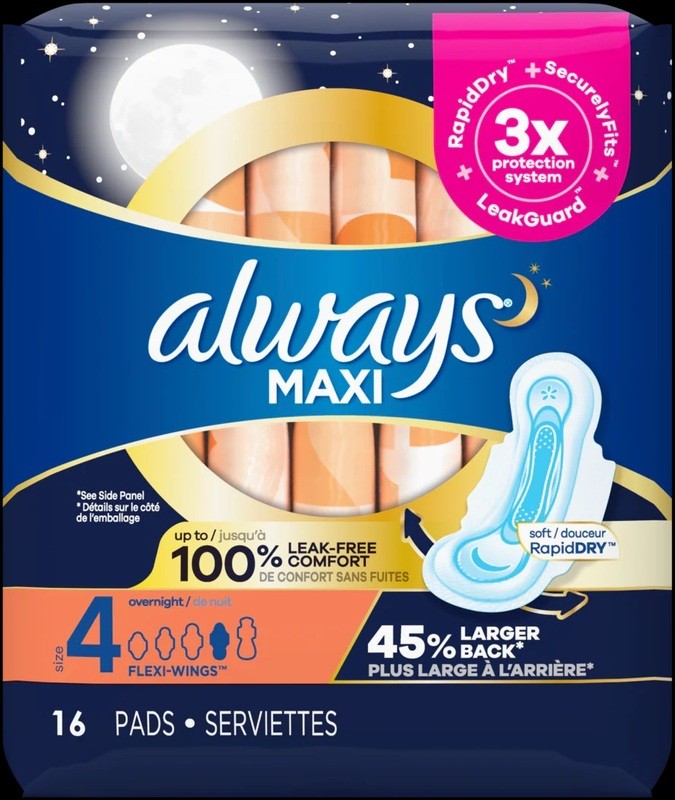 Always Maxi Size 4 Overnight With Flexi Wings Pads 16ct