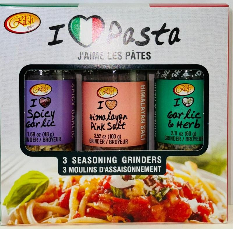 RITSH I LOVE PASTA 3 PACK SPICE GRINDER SET - SPICY GARLIC