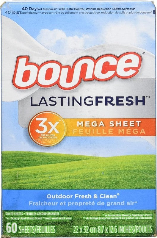 Bounce Fabric Softener Mega Dryer Sheets Lasting Fresh, Outdoor Fresh & Clean Scent, 60 Count