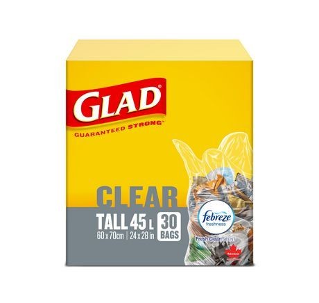 GLAD CLEAR GARBAGE BAGS TALL 45L W/ FEBREZE SCENT 30CT