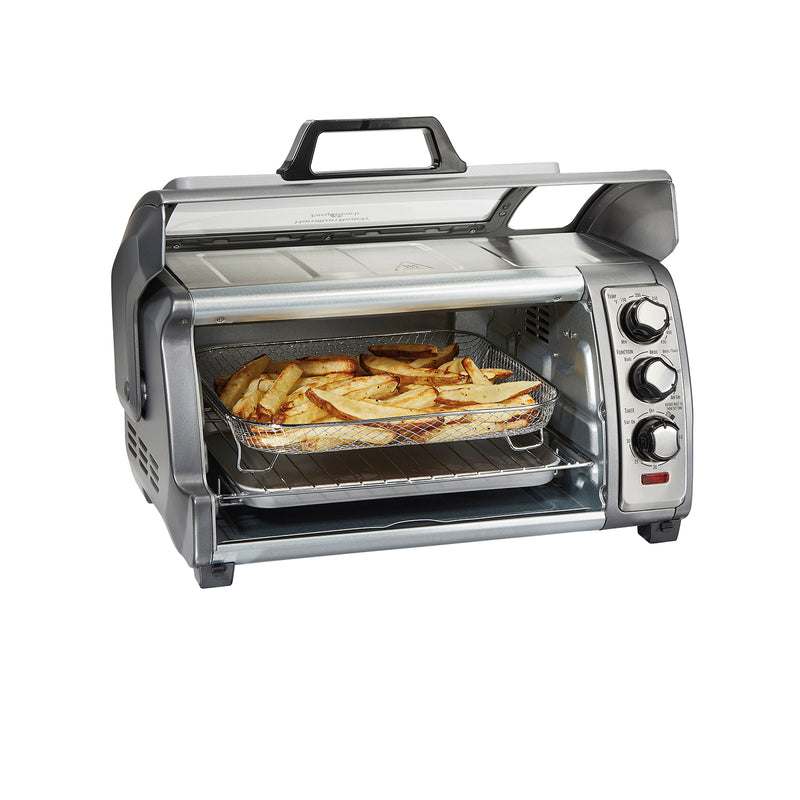 Hamilton Beach Air Fryer Countertop Toaster Oven with Large Capacity, Fits 6 Slices or 12” Pizza, 4 Cooking Functions for Convection, Bake, Broil, Roll-Top Door, Easy Reach Sure-Crisp, Stainless Steel, 31523C