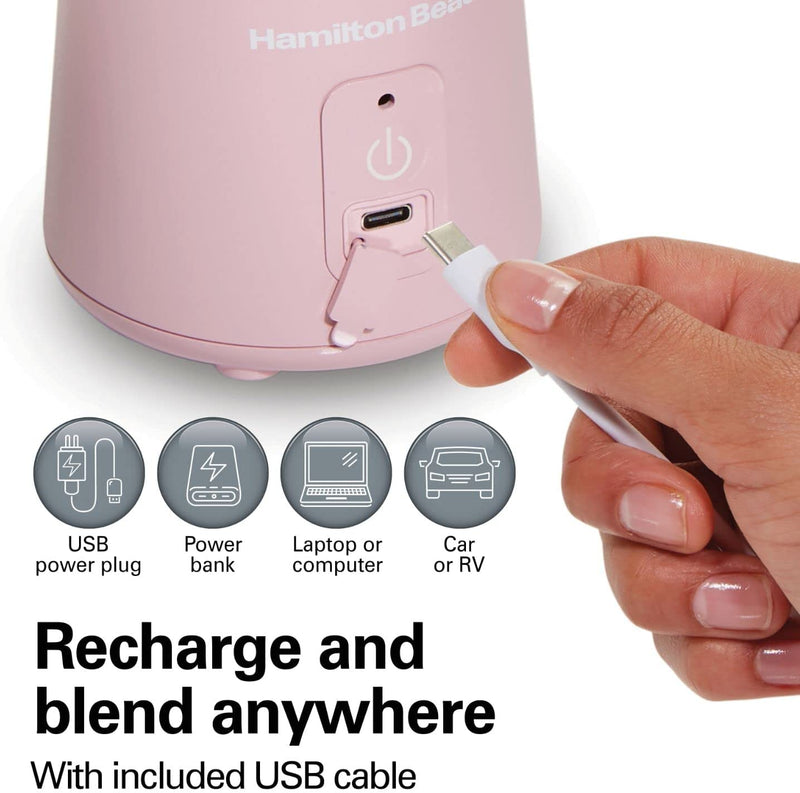 Hamilton Beach Mini Cordless Portable Personal Blender for Shakes and Smoothies, USB Rechargeable, 16 oz. Jar with Leakproof Travel Lid, 6 Stainless Steel Blades, Pink (51181)