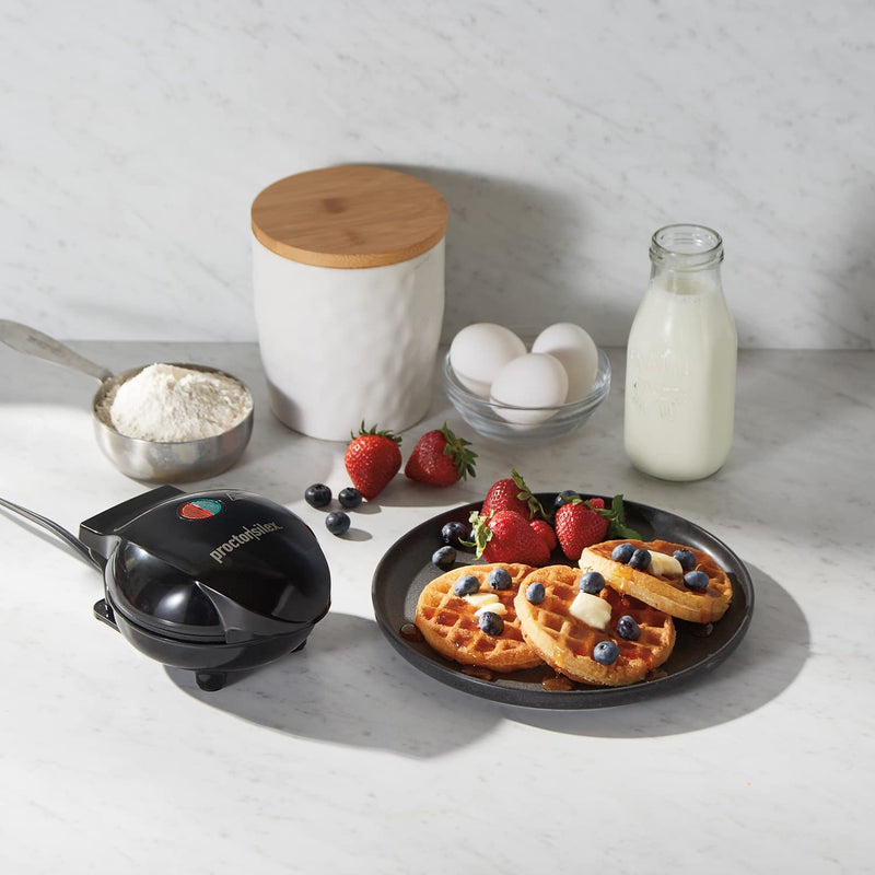 Proctor Silex Mini Waffle Maker Machine with 4” Round Non-stick Grids, Make Personalized Individual Breakfast Chaffles and Hashbrowns, Compact, Black (26100)