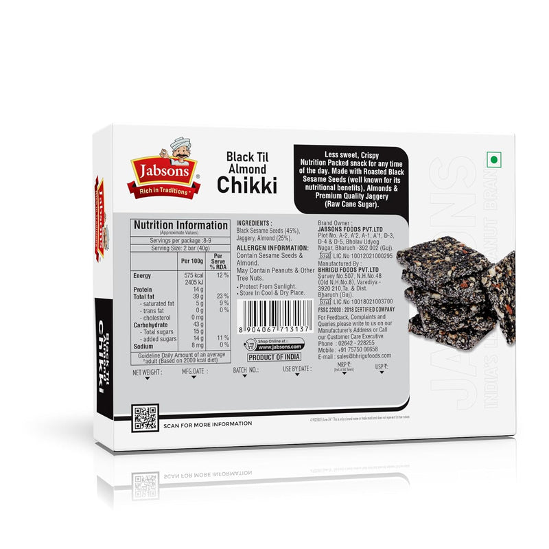 Jabsons Black Til Almond Chikki, 6g Protein per Serving, No Artificial Colour or Preservatives