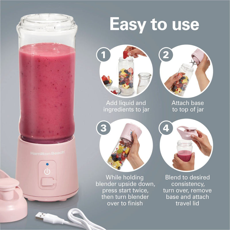 Hamilton Beach Mini Cordless Portable Personal Blender for Shakes and Smoothies, USB Rechargeable, 16 oz. Jar with Leakproof Travel Lid, 6 Stainless Steel Blades, Pink (51181)