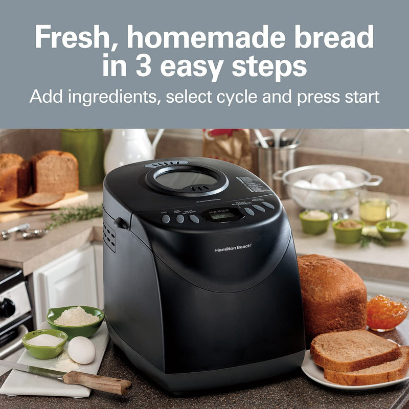 Hamilton Beach Bread Maker Machine, Digital, Programmable, 12 Settings + Gluten Free, Dishwasher Safe Pan + Kneading Paddle, 2 lb Capacity, Black (29882)