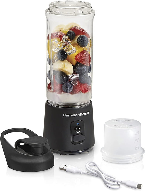 Hamilton Beach Mini Cordless Portable Personal Blender for Shakes and Smoothies, USB Rechargeable, 16 oz. Jar with Leakproof Travel Lid, 6 Stainless Steel Blades, Black (51180)