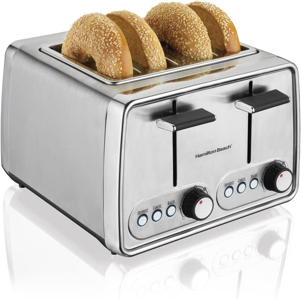 Hamilton Beach Modern Chrome 4 Slice Extra Wide Slot Toaster with Bagel and Defrost Settings, Shade Selector, Toast Boost, Slide-Out Crumb Tray, Auto-Shutoff and Cancel Button, Stainless Steel (24791C)