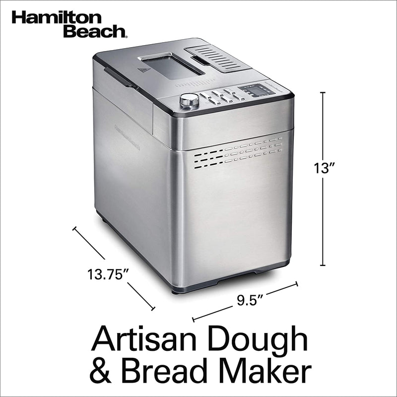 Hamilton Beach Premium Dough & Bread Maker Machine with Auto Fruit and Nut Dispenser, 2 lb. Loaf Capacity, Stainless Steel (29888)