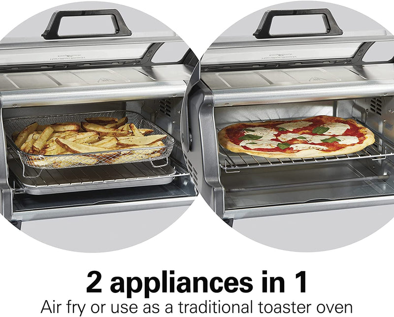 Hamilton Beach Air Fryer Countertop Toaster Oven with Large Capacity, Fits 6 Slices or 12” Pizza, 4 Cooking Functions for Convection, Bake, Broil, Roll-Top Door, Easy Reach Sure-Crisp, Stainless Steel, 31523C