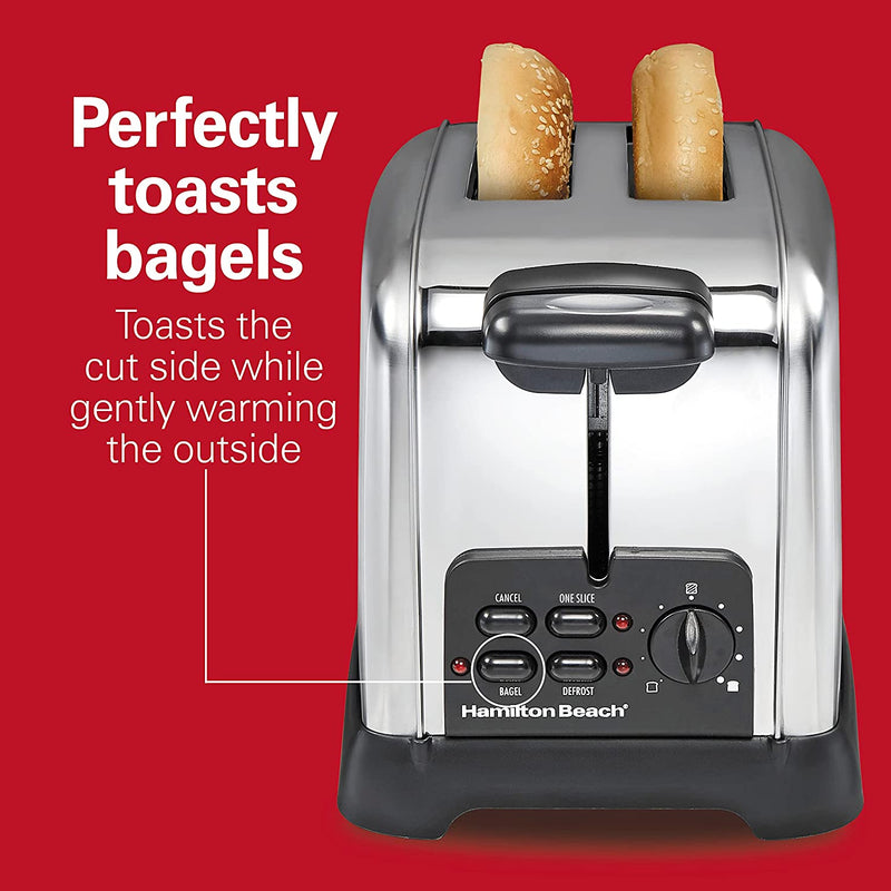 Hamilton Beach Retro Toaster with Wide Slots, Sure-Toast Technology, Bagel & Defrost Settings, Auto Boost to Lift Smaller Breads, 2 Slice, Polished Stainless Steel (22782C)