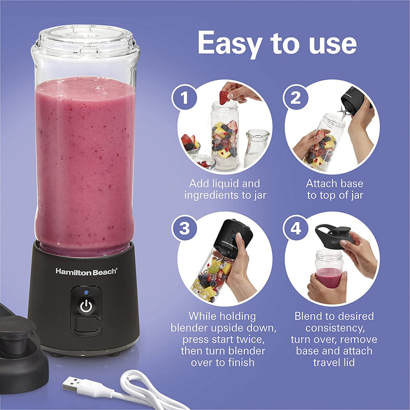 Hamilton Beach Mini Cordless Portable Personal Blender for Shakes and Smoothies, USB Rechargeable, 16 oz. Jar with Leakproof Travel Lid, 6 Stainless Steel Blades, Black (51180)