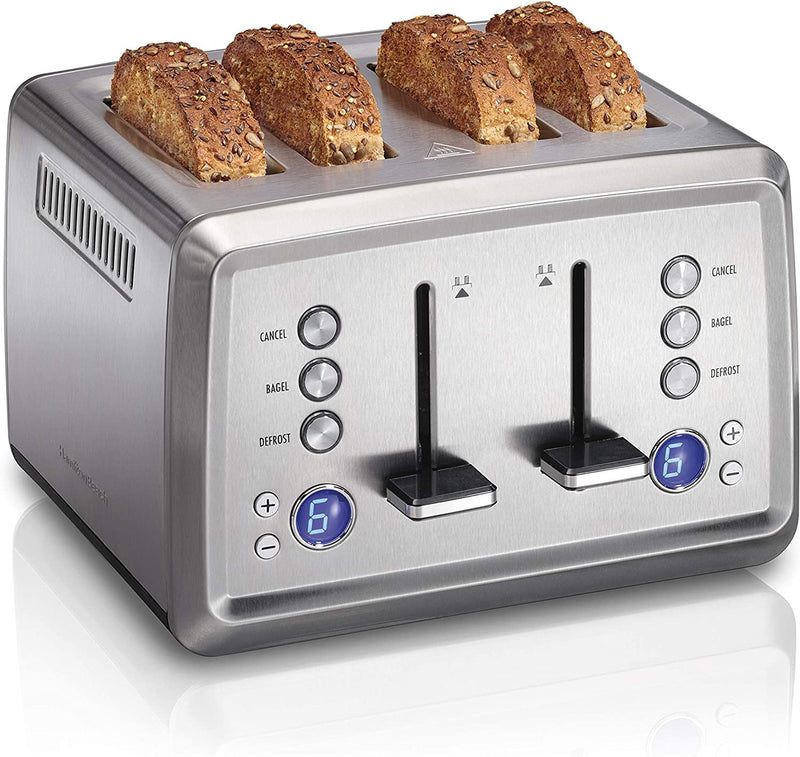 Hamilton Beach 4 Slice Toaster with Extra-Wide Slots, Bagel Setting, Toast Boost, Slide-Out Crumb Tray, Auto-Shutoff & Cancel Button, Digital with Defrost Function, Stainless Steel (24796)