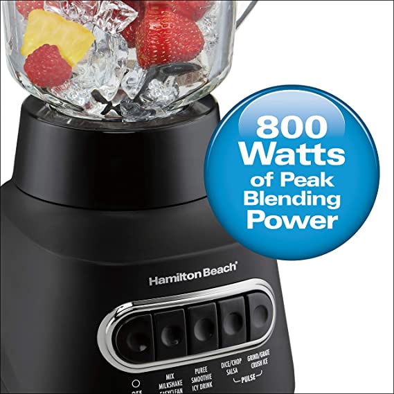 Hamilton Beach 58175 Power Elite Blender, 40 Oz. Glass Jar, Stainless Steel Blades, 800 Watts, Black