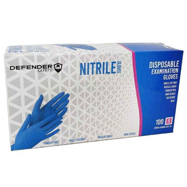 Defender Safety Nitrile Blue Exam Gloves 100ct Small/10