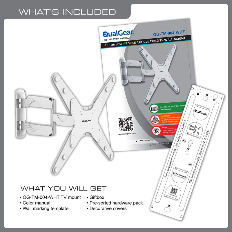 QualGear QG-TM-004-WHT 23-Inch to 55-Inch Premium Quality Contemporary Style Ultra Low Profile Full Motion TV Wall Mount LED TVs, White [UL Listed]