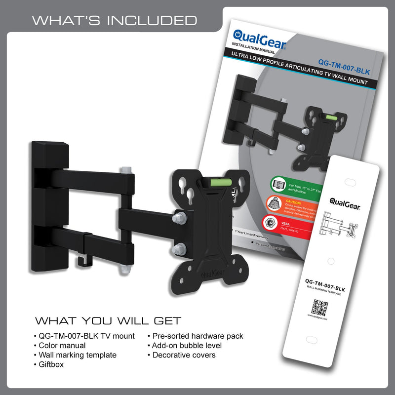 QualGear QG-TM-007-BLK 13-Inch to 27-Inch Universal Low Profile Full Motion TV Wall Mount LED TVs, Black