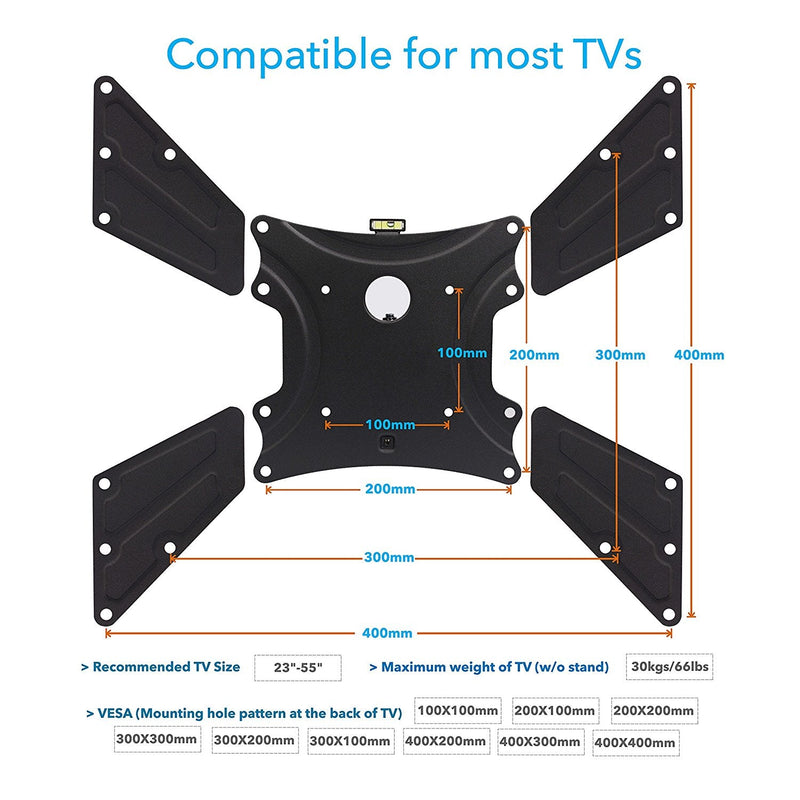 QualGear QG-TM-021-BLK Universal Ultra Slim Low Profile Articulating TV Wall Mount Kit for most 23-inch to 47-inch and some 55-inch LED TVs, w/ HDMI v2.0 Cable 6 ft