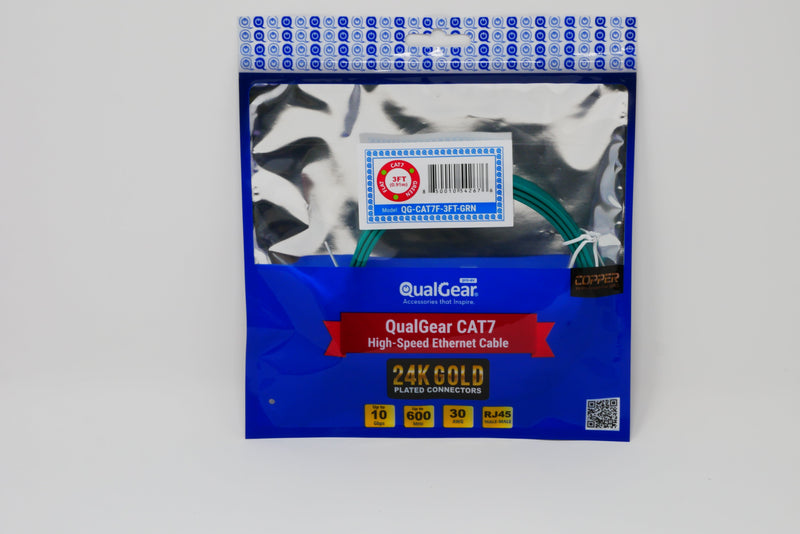 QualGear QG-CAT7F-3FT-GRN CAT 7 S/FTP Ethernet Cable Length 3 feet - 26 AWG, 10 Gbps, Gold Plated Contacts, RJ45, 99.99% OFC Copper, Color Green