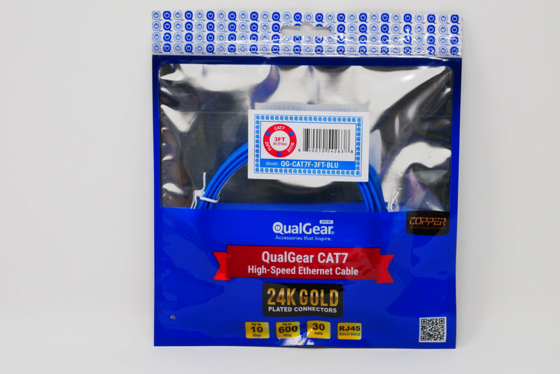 QualGear QG-CAT7F-3FT-BLU CAT 7 S/FTP Ethernet Cable Length 3 feet - 26 AWG, 10 Gbps, Gold Plated Contacts, RJ45, 99.99% OFC Copper, Color Blue