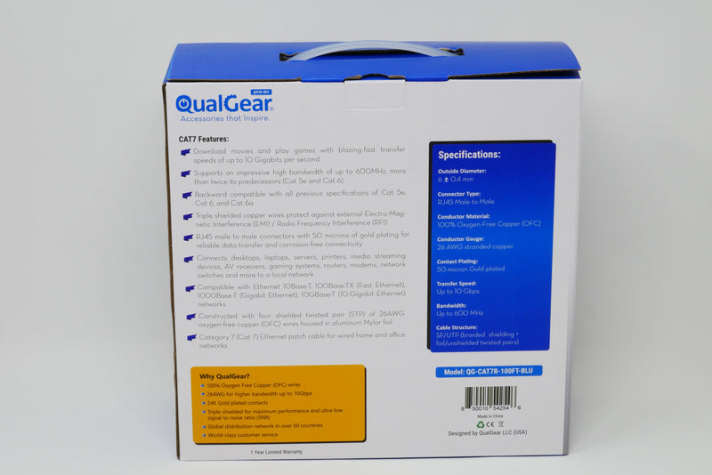 QualGear QG-CAT7R-100FT-BLU CAT 7 S/FTP Ethernet Cable Length 100 feet - 26 AWG, 10 Gbps, Gold Plated Contacts, RJ45, 99.99% OFC Copper, Color Blue