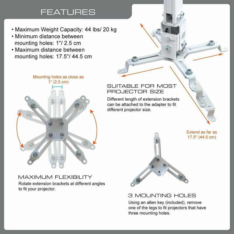 QualGear® QG-PM-002-WHT Universal Projector Ceiling Mount, White