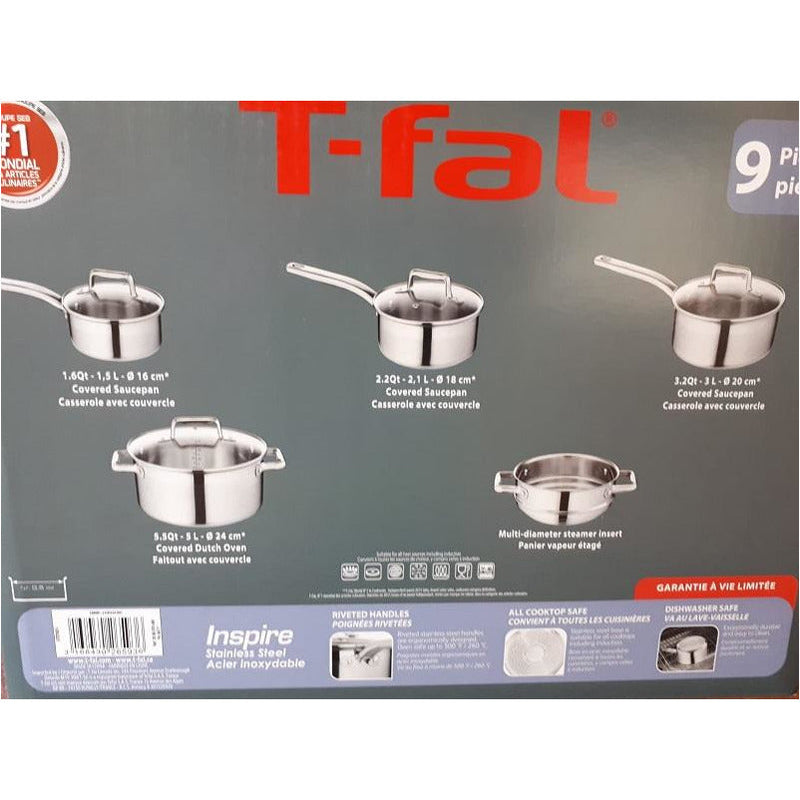 T-fal G707S954 Stainless Steel Inspire Techno Release 9pc Cookware Set