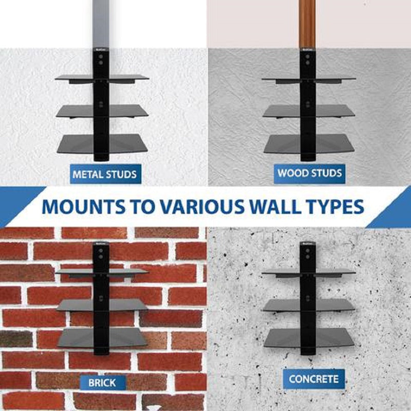 QualGear® Universal Triple Shelf Wall Mount for A/V Components upto 8kgs/17.6lbs(x3), Black (QG-DB-003-BLK)